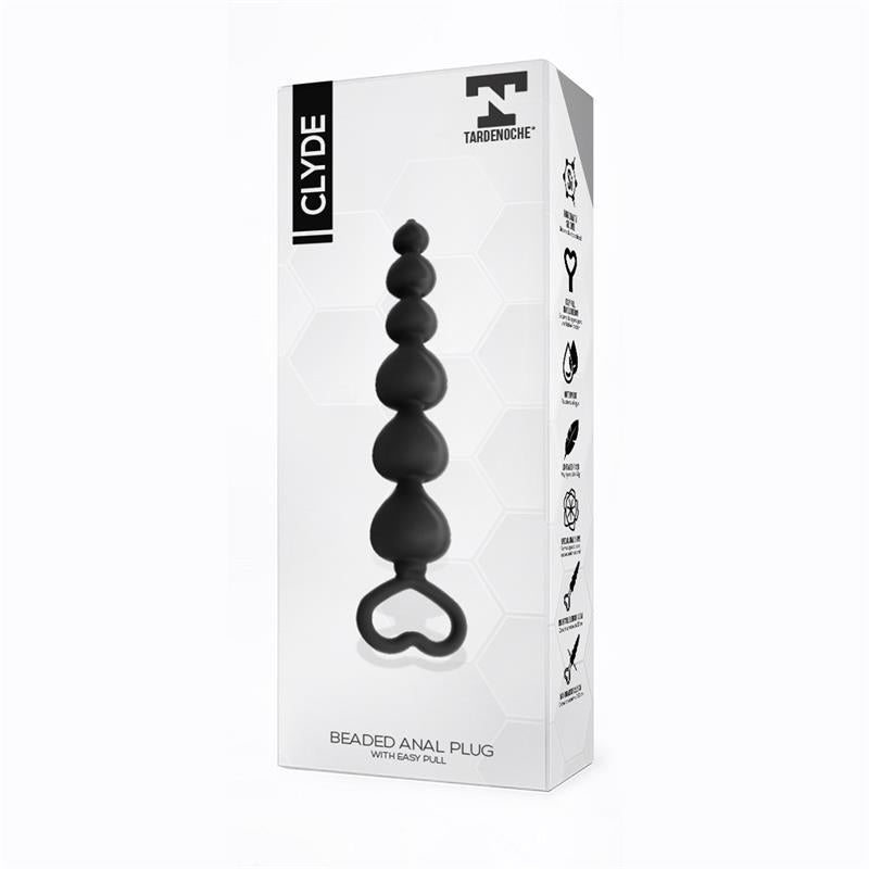 CLYDE BEADED BUTT PLUG WITH EASY PULL RING SILICONE BLACK T-134