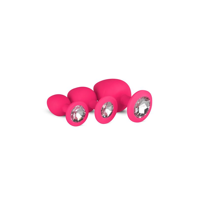 EASYTOYS 3 PIECES BUTT PLUG SET WITH CRYSTAL SILICONE PINK