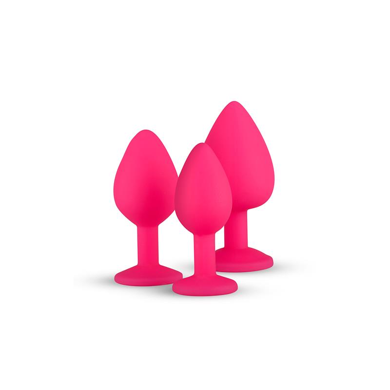 EASYTOYS 3 PIECES BUTT PLUG SET WITH CRYSTAL SILICONE PINK