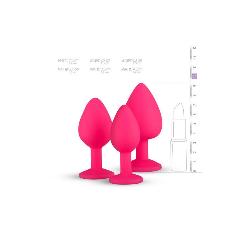 EASYTOYS 3 PIECES BUTT PLUG SET WITH CRYSTAL SILICONE PINK