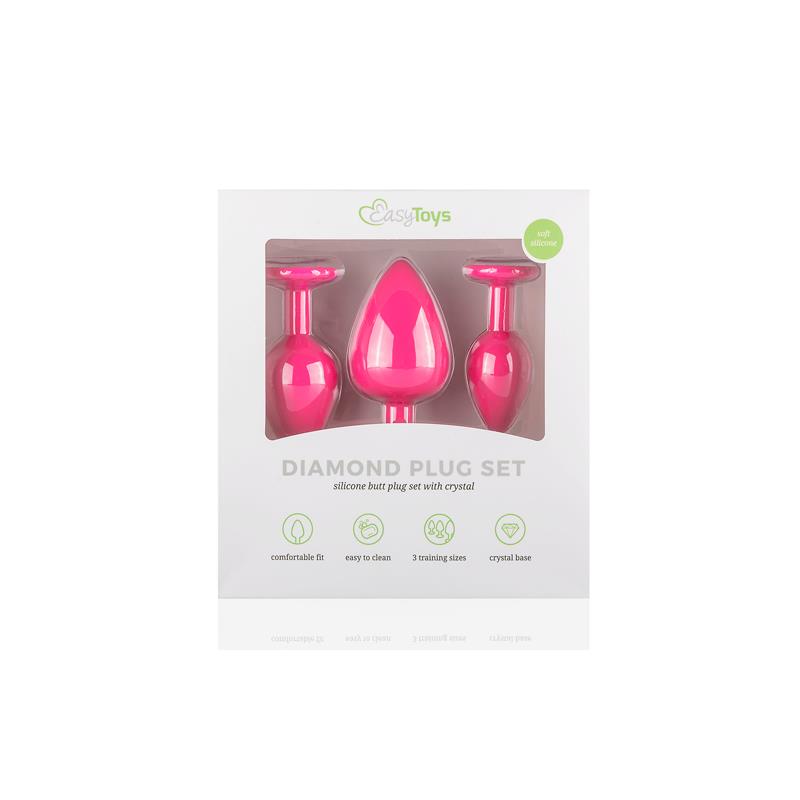 EASYTOYS 3 PIECES BUTT PLUG SET WITH CRYSTAL SILICONE PINK