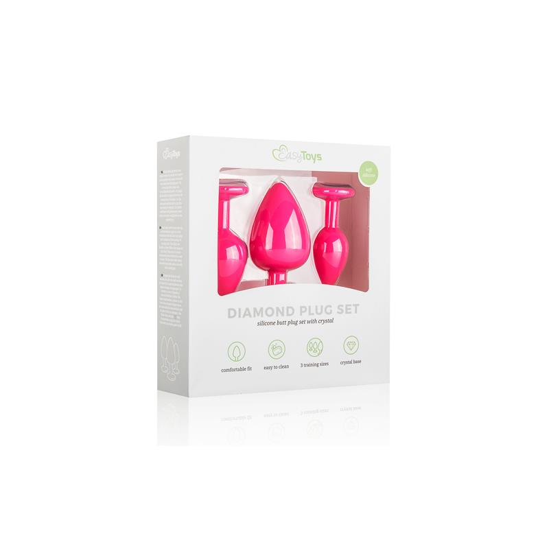 EASYTOYS 3 PIECES BUTT PLUG SET WITH CRYSTAL SILICONE PINK