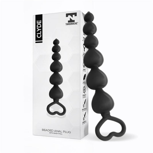 CLYDE BEADED BUTT PLUG WITH EASY PULL RING SILICONE BLACK T-134
