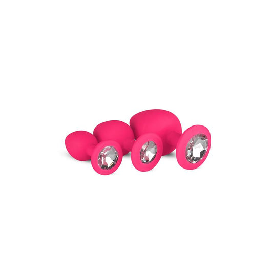 EASYTOYS 3 PIECES BUTT PLUG SET WITH CRYSTAL SILICONE PINK