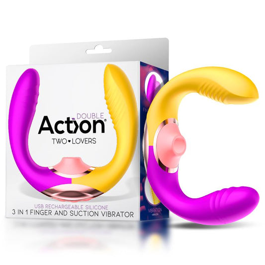 ACTION TWO LOVERS COUPLES VIBE 3 IN 1 WITH FINGER AND SUCTION TONGUE USB AC-799